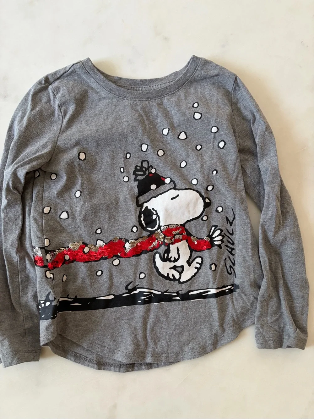 GAP Gray Snoopy Long-Sleeve Tee with Red Sequin Scarf